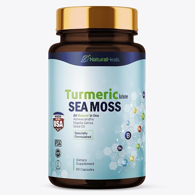 Photo 1 of Natural Heals Sea Moss 3000mg: Black Seed Oil 2000mg Ashwagandha 1000mg Turmeric 1000mg Bladderwrack 1000mg Burdock 1000mg - 60 Capsules Made in USA BB 07.20.26