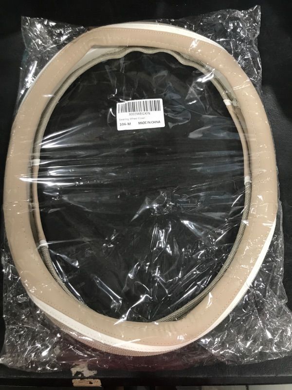 Photo 2 of Car Leather Steering Wheel Cover Women Wrap Protector Breathable Anti-Slip Comfort for Car Universal Interior Accessories 14.5-15 Inch Off-White