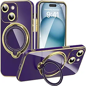 Photo 1 of ADCOOG Designed for iPhone 15 Plus Case, Luxury Plating Edge Case with 360° Rotatable Stand [Compatible with Magsafe] Soft TPU Shockproof Protective Phone Case for iPhone 15 Plus-Purple 