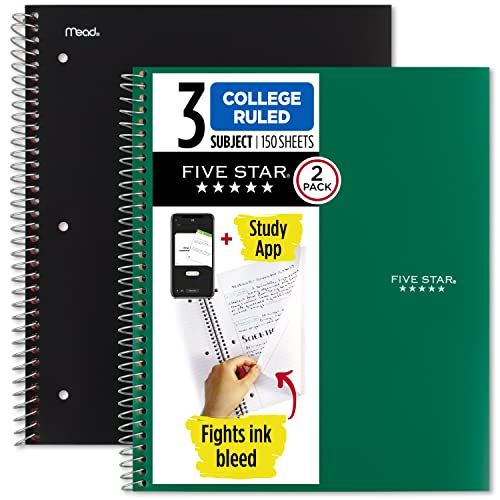 Photo 1 of Five Star Spiral Notebooks + Study App, 2 Pack, 3 Subject, College Ruled Paper, 8-1/2" X 11", 150 Sheets, Fights Ink Bleed, Water Resistant Cover, Bla