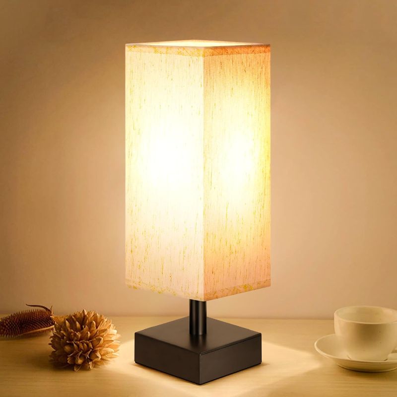 Photo 1 of Small Table Lamp for Bedroom - Bedside Lamps for Nightstand, Minimalist Night Stand Light Lamp with Square Fabric Shade, Desk Reading Lamp for Kids Room Living Room Office Dorm 