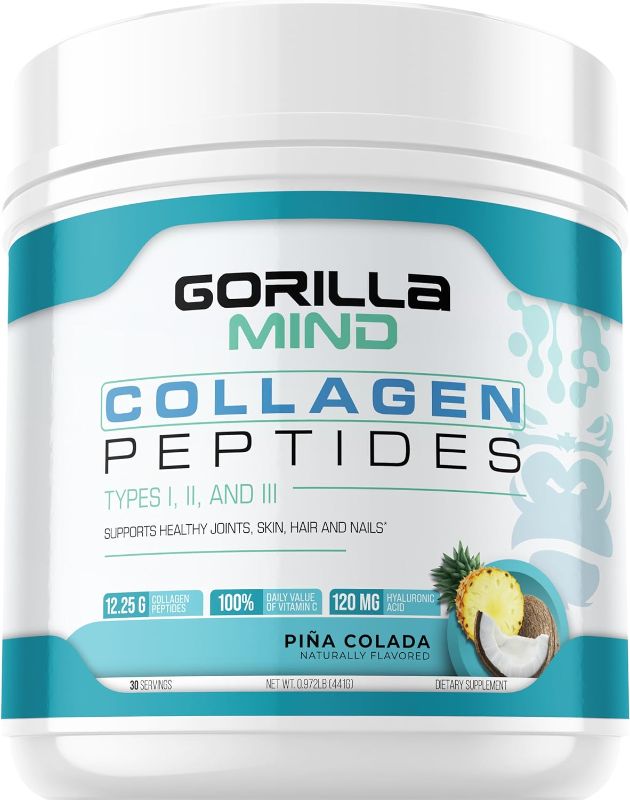 Photo 1 of Gorilla Mind Collagen Peptides Powder - Joint & Bone Health/Great for Hair, Skin & Nails/Sleep Support/Types I, II, III/Mix in Water, Juice or a Smoothie - 441g (Piña Colada)