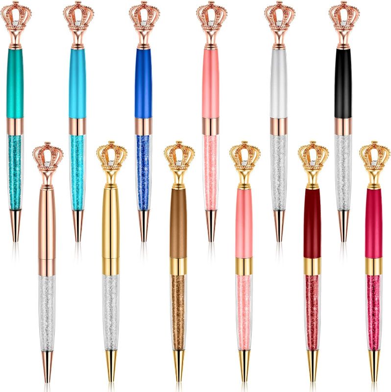 Photo 1 of 12 Pieces Crystal Diamond Crown Ballpoint Pens Bling Metal Rhinestones Writing Ink Pens Diamond Pen Multicolored Glitter Big Crystal Pen for School Office Supplies Christmas Wedding Birthday Present 