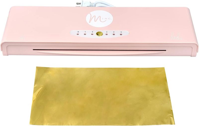 Photo 1 of American Crafts, Heidi Swapp, Minc Wheel Foiling Machine Laminator Applicator & Starter Kit,12 inch, Pink, Includes Transfer Folder, Gold Foil Sheet and 3 Tags, Make Cards, Invitations, and More
