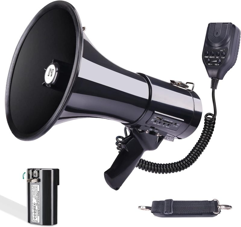 Photo 1 of 50W Professional Bluetooth Megaphone Bullhorn Speaker with Detachable Microphone-Rechargeable Battery&Portable Strap-Siren and 260S Recording-USB/SD/AUX Input-for Police, Cheerleading, Outdoor

