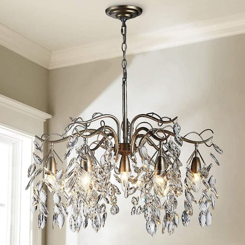 Photo 1 of Saint Mossi K9 Crystal Chandelier with 7 Lights,Raindrop Chandelier in Vintage Silver Painted Arms,Crystal Pendant Light for Dining Room,Bedroom,Living Room,H22 x W24 x L24 with Adjustable Chain
