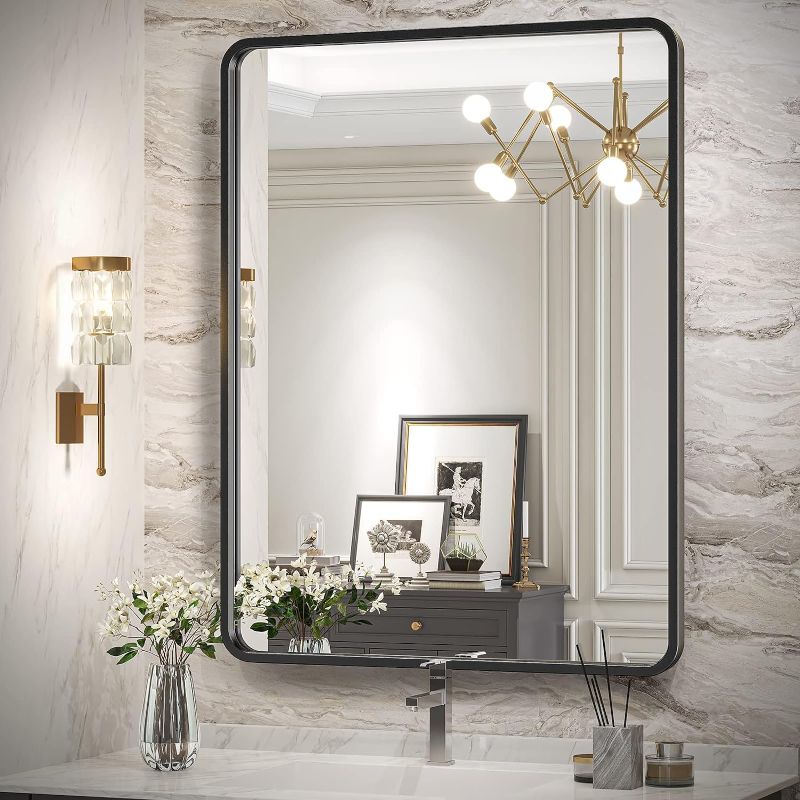 Photo 1 of Brightify Black Bathroom Mirror for Wall, 22 x 30 Inch Metal Framed Rectangle Mirror, Wall Mounted Vanity Mirror for Bathroom, Hangs Horizontal Or Vertical
