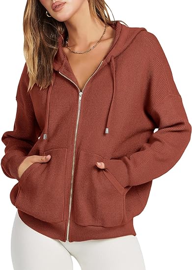 Photo 1 of ANRABESS Women's Zip Up Sweater Hoodies 2024 Oversized Casual hooded Jacket Long Sleeve Ribbed Knit Sweatshirts 
