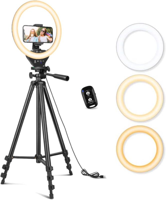 Photo 1 of Sensyne 10'' Ring Light with 50'' Extendable Tripod Stand, LED Circle Lights with Phone Holder for Live Stream/Makeup/YouTube Video/TikTok, Compatible with All Phones
