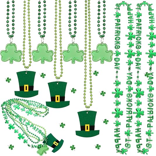 Photo 1 of Inbagi 24 Pieces St. Patrick's Day Accessories Shamrock Necklaces Clover Green Bead Pendant Necklaces, Irish Hat Green Bead Favors St. Patrick's Day Irish Beer Decorations Party Supplies

