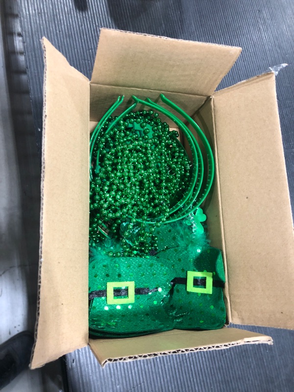 Photo 1 of 18 Pcs St. Patrick's Day Accessories Set Party Favors with 6 Shamrocks Beads Necklaces, 6 Green Hats Beaded Necklaces and 6 St. Patrick's Headbands Irish Beads Bulk Headpiece Party Supplies Decoration
