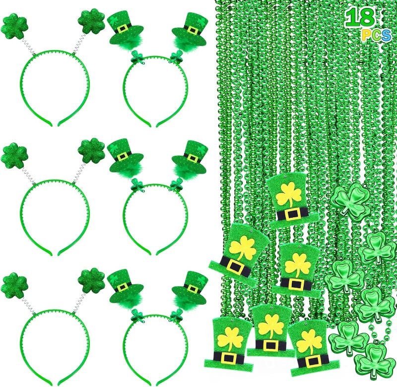 Photo 1 of 18 Pcs St. Patrick's Day Accessories Set Party Favors with 6 Shamrocks Beads Necklaces, 6 Green Hats Beaded Necklaces and 6 St. Patrick's Headbands Irish Beads Bulk Headpiece Party Supplies Decoration
