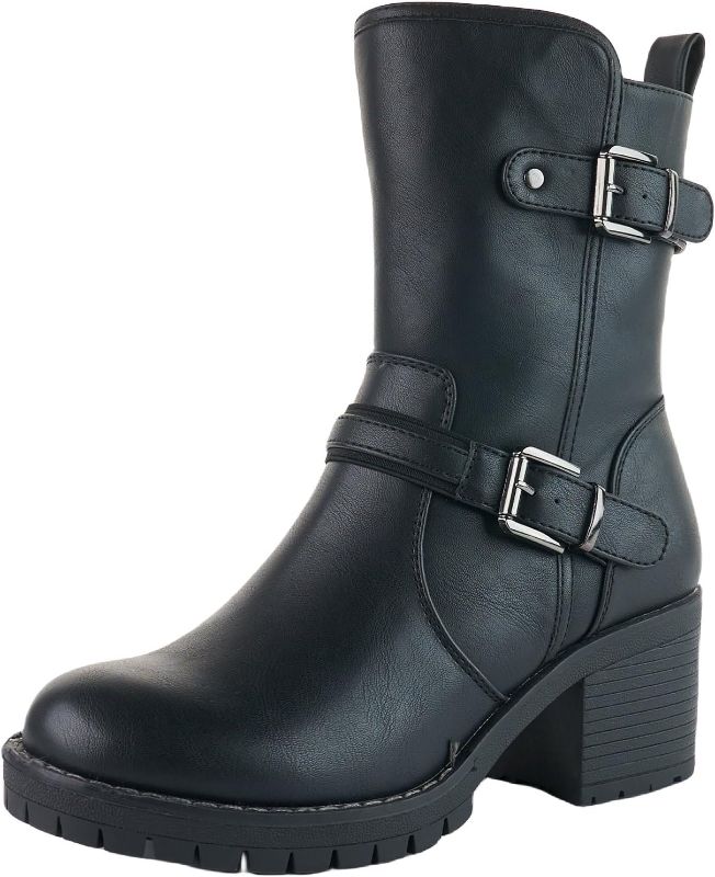 Photo 1 of LALA IKAI Women Motorcycle Boots Ankle Combat Boots with Studded Low Block Heels Biker Shoes
