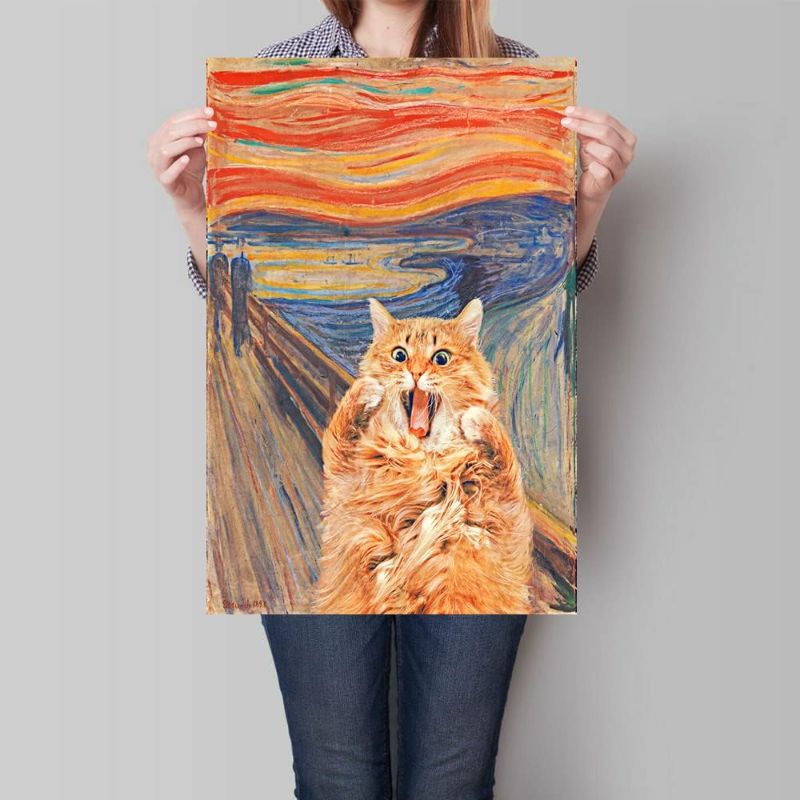 Photo 1 of Abstract Edvard Munch Canvas Wall Art Famous Art The Scream Funny Cat Aesthetic Poster Retro Print Paintings Orange Gallery Wall Decor Pictures for Bedroom Living Room 12x16 Inch Unframed
