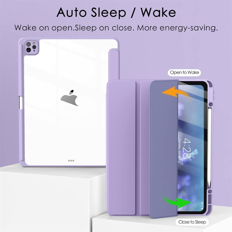 Photo 1 of Soke Ultra Hybrid Case for iPad Pro 12.9 Inch (6th/5th/4th/3rd Generation, 2022/2021/2020/2018) - Pencil Holder + Auto Sleep/Wake + Camera Protection, Transparent Shockproof Back Cover, Gray Purple
