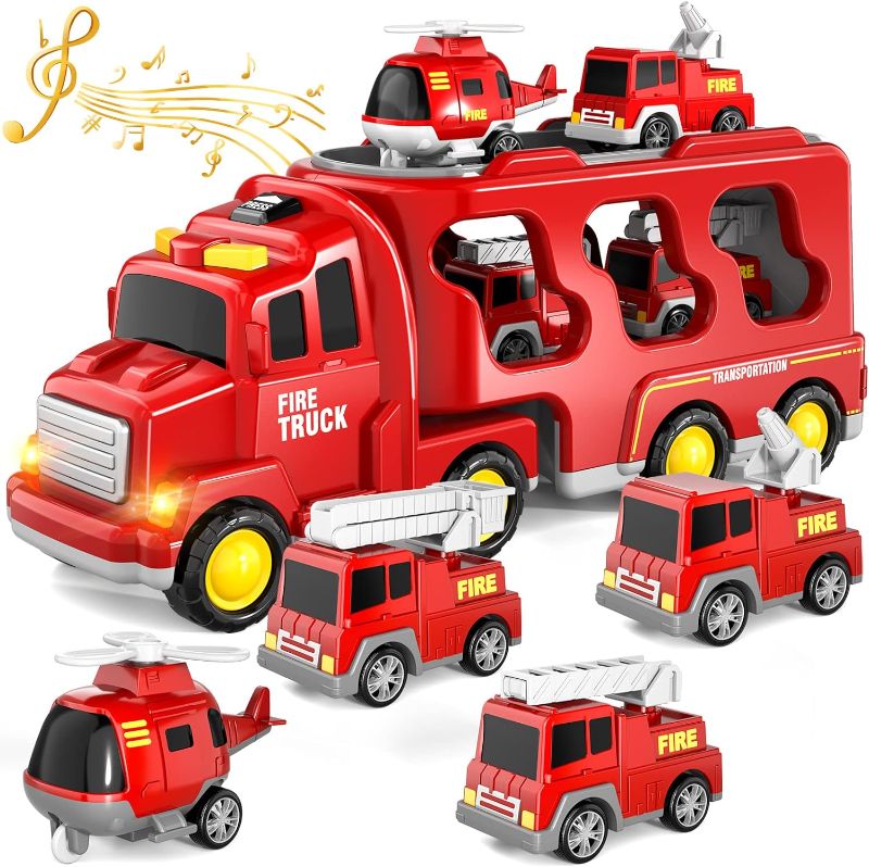 Photo 1 of IHAHA Fire Truck Toys for 3 4 5 6 Years Old Boys Toddlers, 5 in 1 Kids Carrier Fire Trucks Cars for Toddler Boy Toys Birthday, Car Trucks Friction Power Toys with Light Sound
