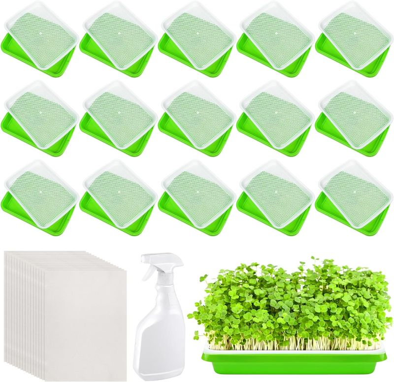 Photo 1 of 16 Sets Seed Sprouter Trays with Drain Holes Sprouts Growing Kit Includes Germination Propagation Trays Germinating Paper Spray Bottle Microgreens Growing Trays for Garden Home Office Planting
