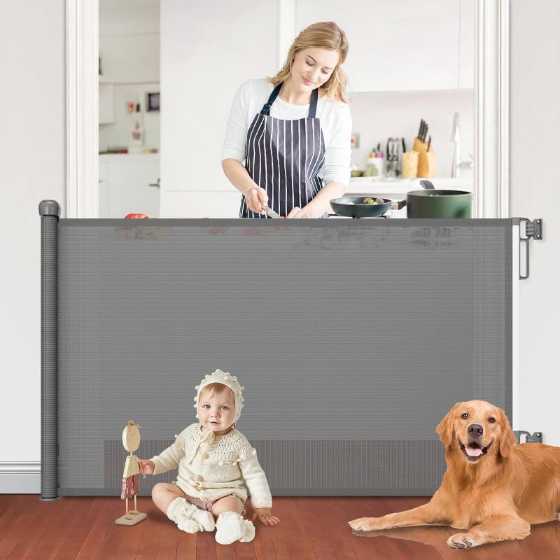 Photo 1 of Retractable Baby Gates for Doorways, PRObebi Retractable Dog Gate for Stairs Extends to 54" Wide 34" Tall, Mesh Baby Gate, Gates for Dogs Indoor, Suitable for Hallways, Doorways, Deck, Porch (Grey)
