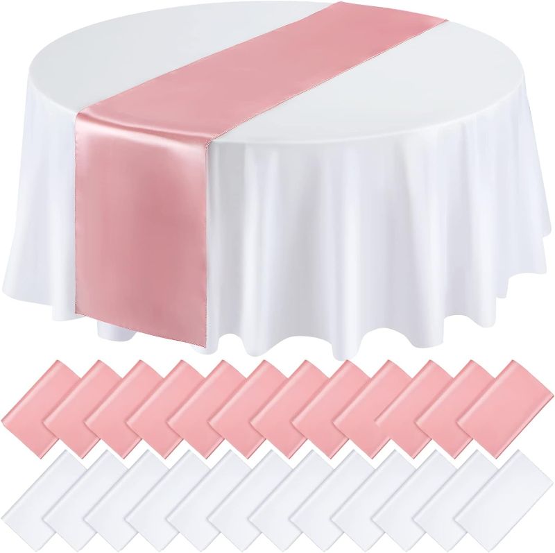 Photo 1 of 24 Pcs 84" Round Plastic Tablecloth 12 x 108'' Satin Table Runners Set White Plastic Table Covers Round Waterproof Table Cloths for Wedding Party Decor Baby Shower Birthday (Rose Gold)
