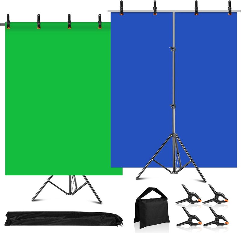 Photo 1 of MSKIRA Blue Green Screen Backdrop with Stand Kit, 6.5 X 6.5Ft T-Shaped Adjustable Photo Backdrop Stand 2-in-1 Reversible Blue Greenscreen Background, 4 Clamps, Sandbag 