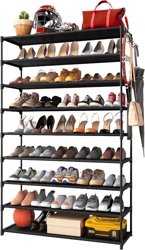 Photo 1 of Kitsure 9-Tier Tall Shoe Rack for Closet - Shoe Organizer with Hook Rack, Large-Capacity of 36-45 Pairs, Space-Saving Shoe Shelf for Entryway, Closet, Garage, Bedroom, Cloakroom?Black