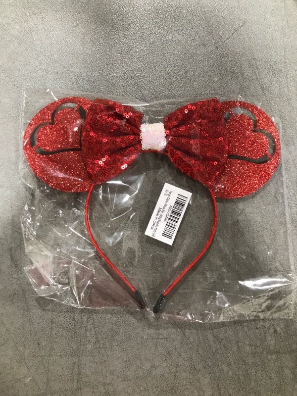 Photo 2 of Glitter Mouse Ears Headband Sequin Bow Headband Red Mouse Ears Bow Heart Shaped Hair Accessoires for Girls Women Valentines Day Christmas New Year Wedding Birthday Party Gift