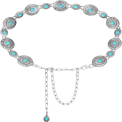 Photo 1 of  Belt for Women Western Concho Chain Belt Oval Round Flower Adjustable Metal Belt for Women Dresses