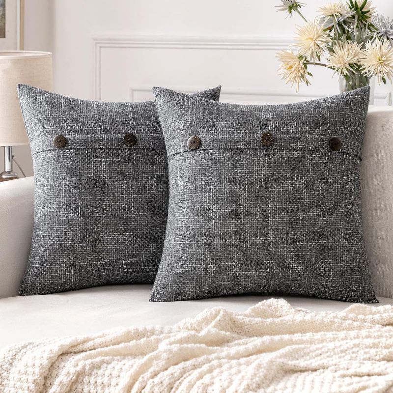 Photo 1 of Set of 2 Dark Grey Linen Throw Pillow Covers Triple Button Burlap Solid Cushion Cover 18x18 Inch Decorative Rustic Vintage Farmhouse Modern Pillowcase for Couch Sofa Bed Living Room Boho Decor
