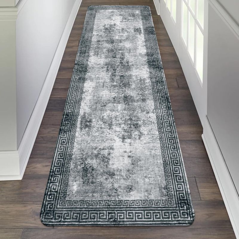 Photo 1 of  Modern Bordered Rug Runners for Hallways Non Slip, 2x8 Kitchen Runner Rugs Non Skid Washable Area Rug, Grey Accent Throw Stain Resistant Carpet Runner for Entryway Bedroom Stairs