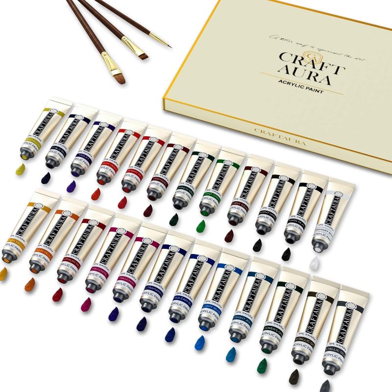 Photo 1 of Acrylic Paint Set 24colors (12ml, 0.4 oz) with 3 Pieces Brushes, Heavy Body Paint Supplies for Canvas Painting Christmas Decorations, Non Toxic Paints for Kids Beginners Students Artist Painter