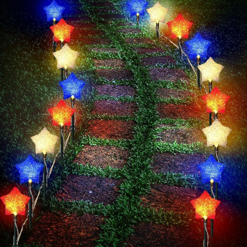 Photo 1 of 1 Set 4th of July Decorations Outdoor Lights Pathway 19.69 ft 20 LED 8 Modes Red White and Blue Star Stake Lights Battery Operated Patriotic Independence Day Landscape Path Lights for Garden
