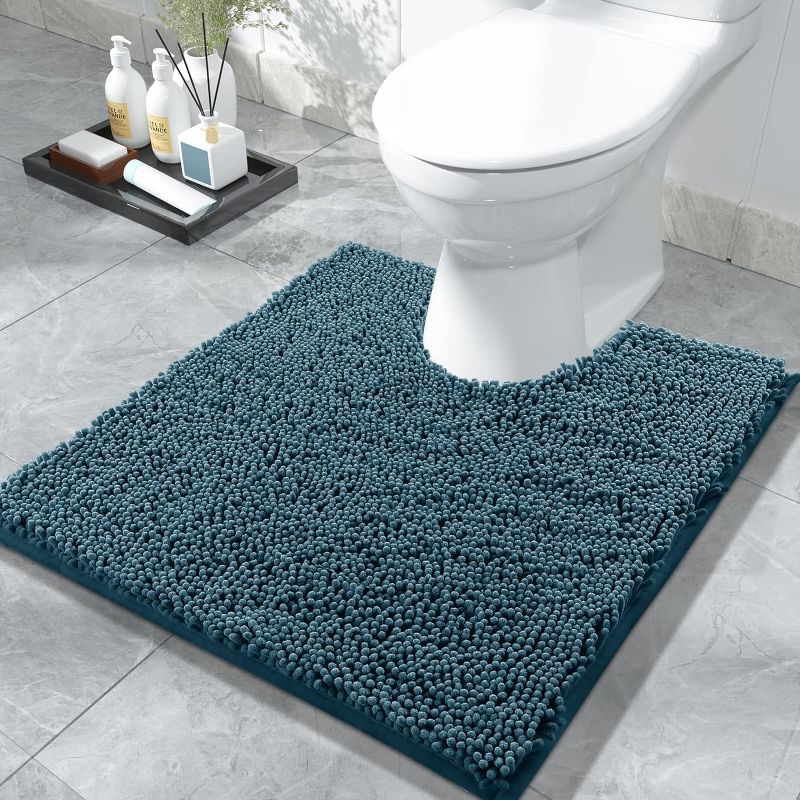 Photo 1 of Yimobra Toilet Rugs U-Shaped 24x24, Extra Soft and Absorbent Microfiber Bathroom Rugs, Non-Slip Plush Shaggy Toilet Bath Mat, Machine Wash Dry, Contour Bath Rugs for Toilet Base, Peacock Blue