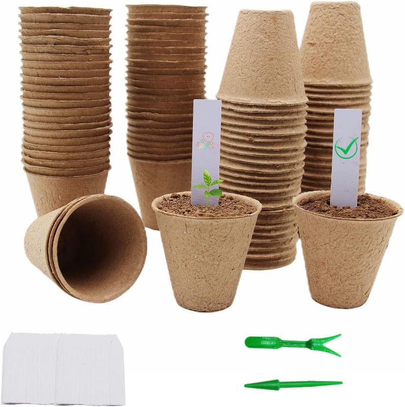 Photo 1 of 100Pcs 3.15 Inch Peat Pots Biodegradable Eco-Friendly Round Plant Seedling Starters Kit, Seed Germination Trays with 100 Plant Labels for Saplings & Herb Seed Germination (100 Pcs)