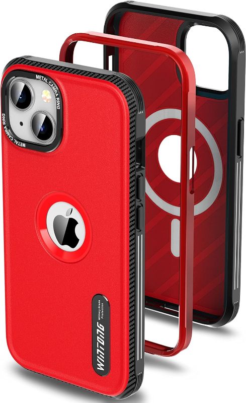 Photo 1 of Magnetic iPhone 14/13 Case with Glass Protector, Military Grade Drop Protection, Shockproof Rugged Heavy Duty, 6.1", Red