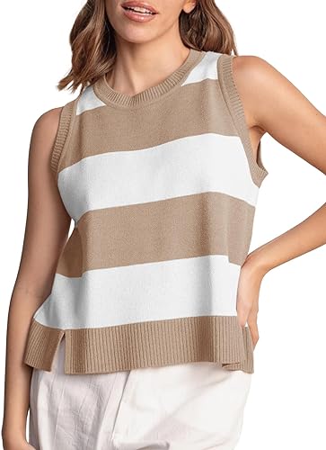 Photo 1 of Womens Striped Sleeveless Tank Tops Summer Side Split Crewneck Vests Rib Knit Color Block Trendy Cami Shirts Size 29x37