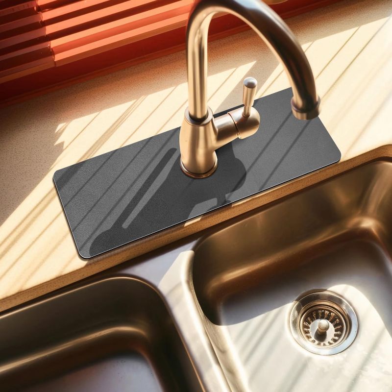 Photo 1 of Faucet Splash Mat - 1 Pack, 15" x 5.4" Trimmable, PU Leather Surface & Rubber Backed, Quick Absorbent, Hide Stains for Around Faucet Handle, Kitchen and Bathroom Sink, Dark Gray
