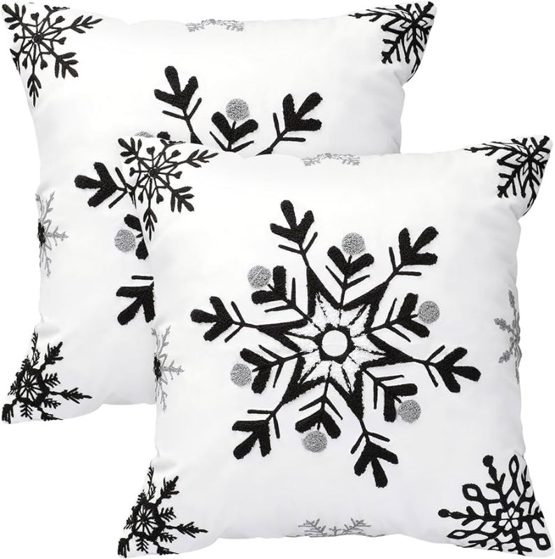 Photo 1 of Lanpn 16x16 Embroidery Christmas Pillow Covers Set of 2, Snowflakes Decorative Holiday Pillowcase Pillow Case Cushion 16 x 16 for Indoor Home Bedroom Sofa Couch Xmas Decor Black Black 16x16-Inch