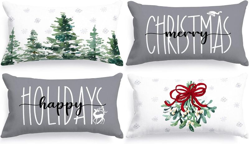 Photo 1 of 12x20 Christmas Lumber Throw Pillow Covers Set of 4, Winter Forest Outside Outdoor Decorative Rectangle Long Pillow Case Xmas Cushion Cover 12 x 20 for Indoor Home Bedroom Sofa Couch Grey