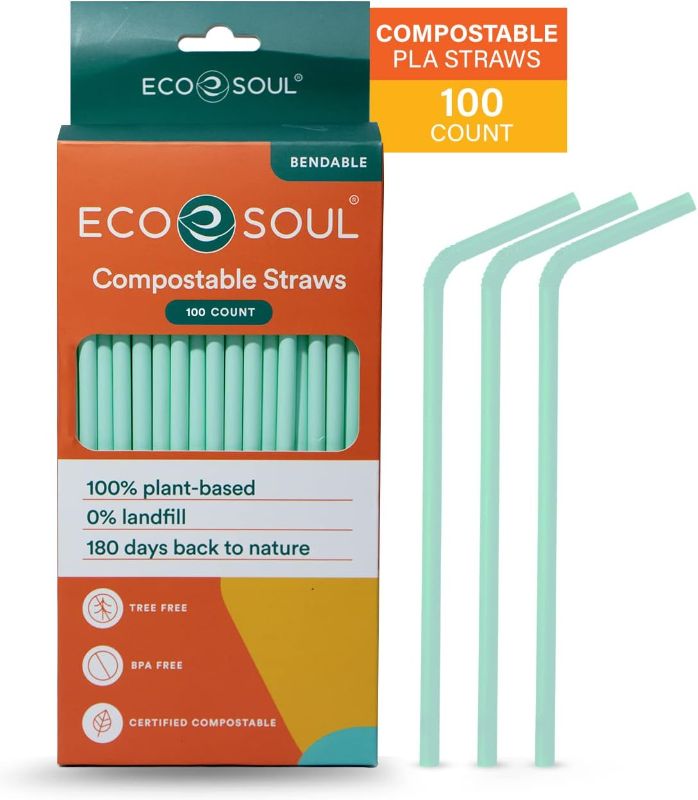 Photo 1 of ECO SOUL 100% Compostable Straws [100 Count][8.25"] Eco-Friendly Biodegradable Sustainable Disposable Straws, Cocktail Cold Drink Smoothie Bendable Straws