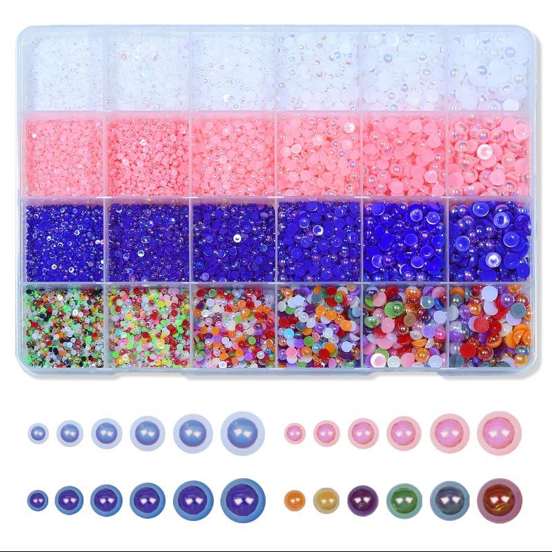 Photo 1 of Round Flatback Half Pearls for Nail, 4 Color Flatback Half Pearls for Crafts Jewelry for Nails, Makeup, Shoes, Handmade Art Work White Pink Blue Multi