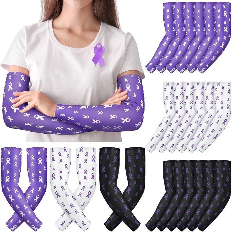 Photo 1 of 12 Pairs Purple Ribbon Arm Sleeves Cancer Awareness Sleeves for Domestic Violence Alzheimers Pancreatic Cancer Lupus Awareness, Football Sleeves Sports Arm Cover for Baseball Basketball