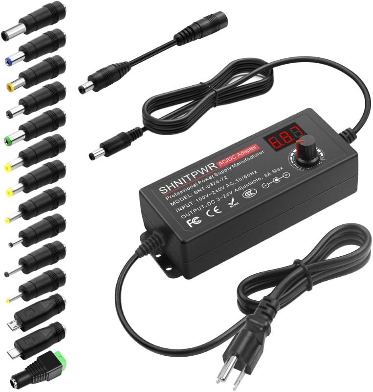 Photo 1 of SHNITPWR 3V ~ 24V 3A 72W Power Supply Adjustable DC 3V 5V 6V 9V 12V 15V 16V 18V 19V 20V 24V Variable Universal AC/DC Adapter 100V-240V AC to DC Converter with 14 Tips 5.5x2.5mm 4.0x1.7mm 3.5x1.35mm
