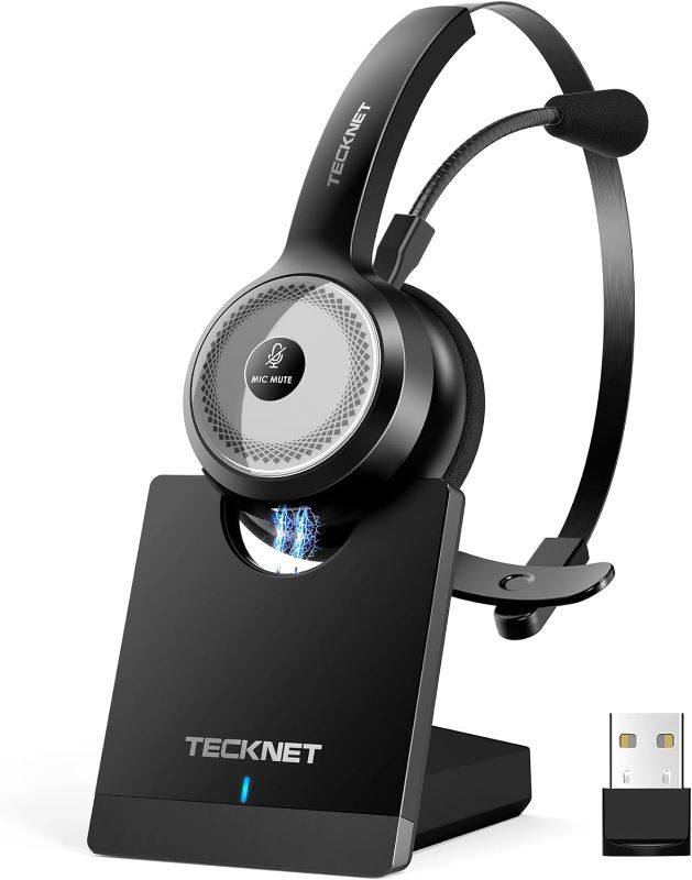 Photo 1 of TECKNET Bluetooth 5.0 Headset with Microphone for PC, USB Wireless Headset with Mic for Work, 40Hrs Worktime AI Noise Cancelling On Ear Bluetooth Headphones with Charging Base for Laptop/Call Center
