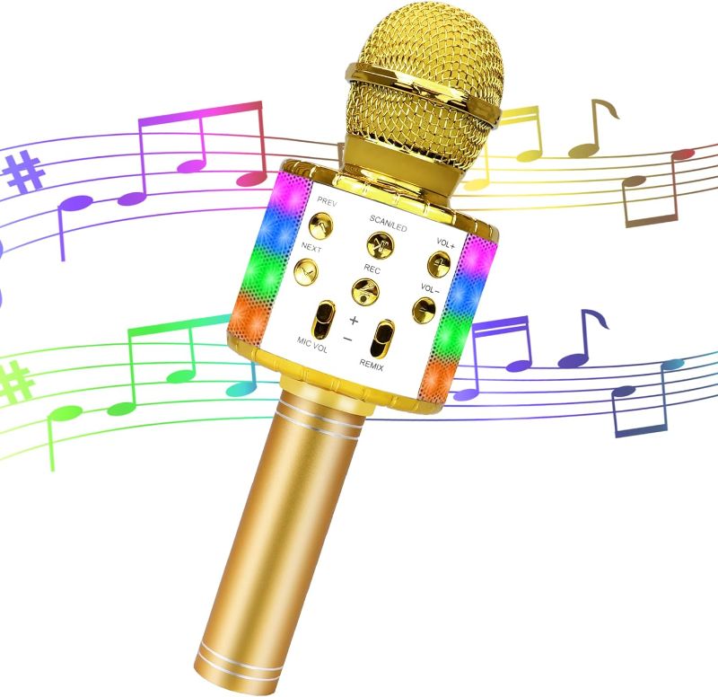Photo 1 of Karaoke Microphone for Kids, Wireless Bluetooth Handheld Portable Singing Karaoke Mic Speaker with LED Lights Gift for Girls Boys Kids Children (silver)
