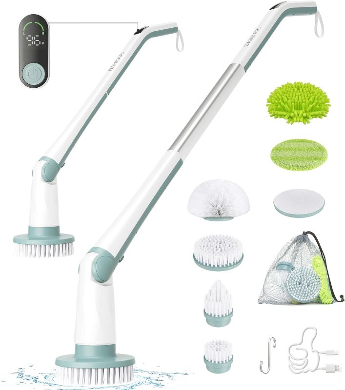 Photo 1 of Electric Spin Scrubber, Shower Scrubber with LED Display & 6 Replacement Scrubber Head, Dual Speed Bathroom Scrubber, Electric Scrubber for Cleaning Bathtub Grout Tile Floor, Green
