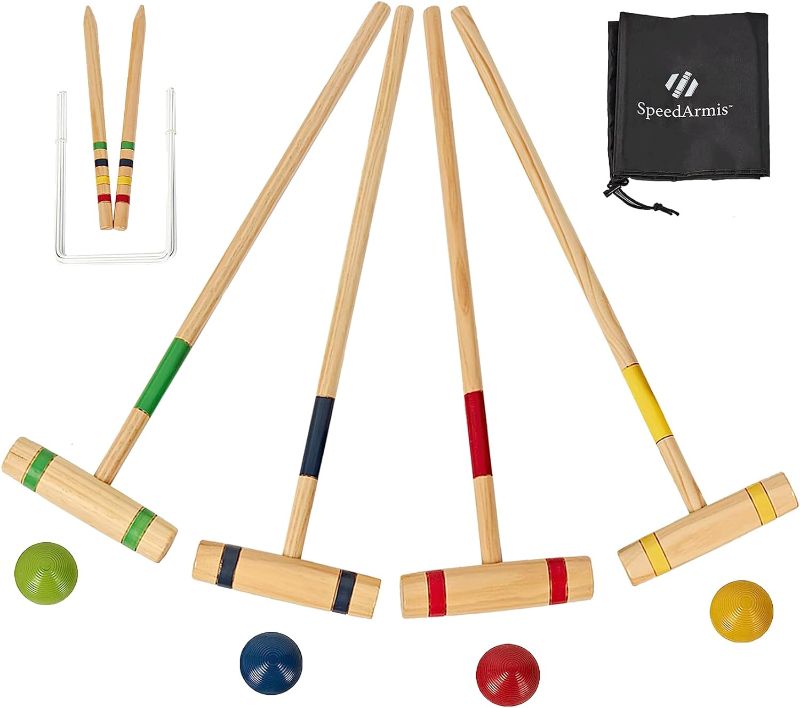 Photo 1 of SpeedArmis 4 Players Croquet Set with 24In Pine Wooden Mallets, Colored PE Ball, Wickets, End Stakes - Lawn Backyard Outdoor Game Set for Teens/Adults/Family (Portable Carry Bag Including)