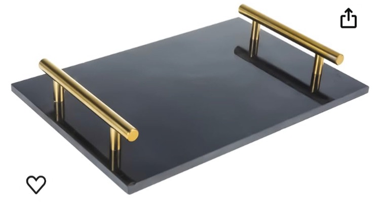 Photo 1 of HighFree Marble Stone Decorative Tray, Handmade Nightstand Tray with Copper-Color Metal Handles for Counter, Vanity, Dresser, Nightstand and Desk (Black)