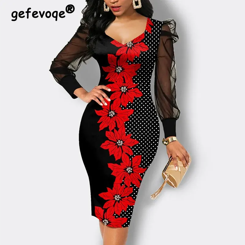 Photo 1 of LalaLin Sexy Short Sleeve Bodycon Dress for Women Floral Printed Mesh Slim Fit Prom Party Midi Dresses SIZE L
