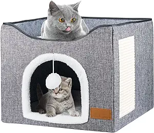 Photo 1 of Cat Bed for Indoor Cats, Cat House with Durable Scratching Board and Dangling Toy Ball, Foldable Cat Condo with Reversible Cushions and Large Opening (Grey) 