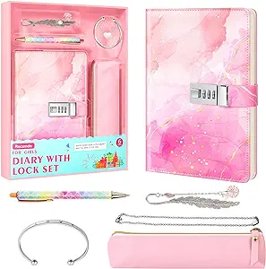 Photo 1 of Rocamdo Diary with Lock Set for Girls Ages 8-12 Kids Journal Kit A5 Password Notebook with Pencil Case Bracelet Necklace Bookmark, Birthday Gifts Toys for Teen Girls Ages 8 9 10 11 12 13 14 Year Old 